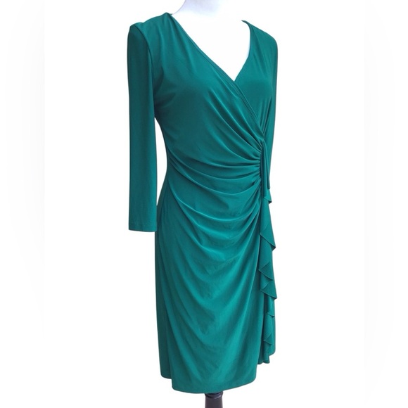 Evan Picone Black Label Green Long Sleeve Ruffle Dress Size 8 - Picture 4 of 5